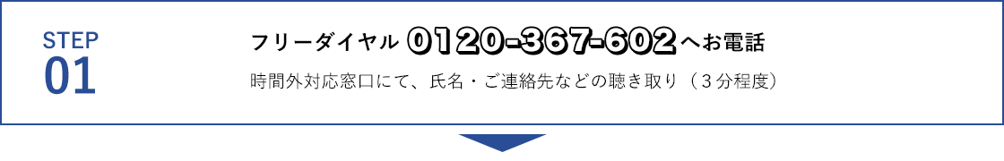 TEP01 フリーダイヤル0120-367-602へお電話 時間外対応窓口にて、氏名・ご連絡先などの聴き取り（3分程度）