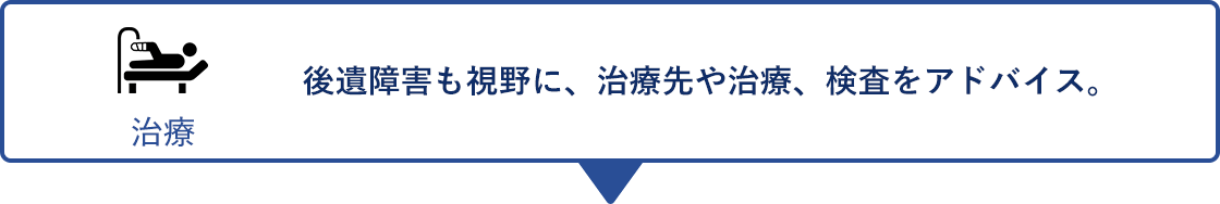 治療 後遺障害も視野に、治療先や治療、検査をアドバイス。