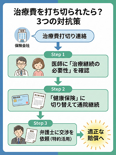 治療費を打ち切られたら？3つの対抗策（医師確認・健康保険切替・弁護士交渉）
