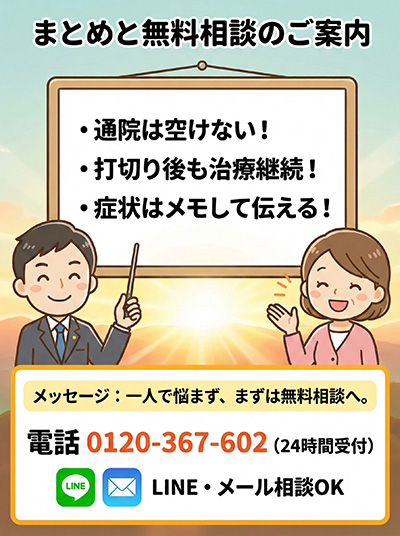 まとめ：通院は空けない・打切り後も治療継続・症状はメモして伝える